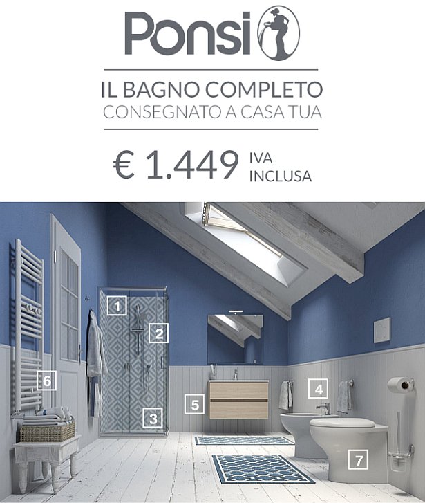 Promozione Ponsi, bagno completo Smile 1 composto da box e saliscendi doccia, sanitari, rubinetterie a monocomando, mobile bagno con lavabo, specchio e lampada led, radiatore termoarredo, EUR 1.449,00 compresa IVA e consegna a domicilio