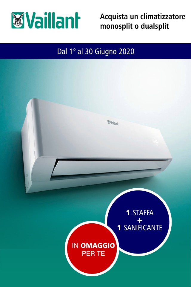 Promozione Vaillant 1 giugno al 30 giugno 2020, una staffa ed un sanificante in omaggio acquistando un climatizzatore monosplit o dualsplit Vaillant