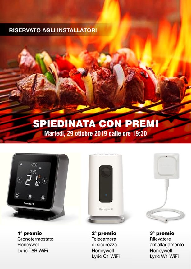 Spiedinata 2019 con premi per gli installatori. Cena offerta martedi 29 ottobre alle 19:30 presso la sede della Termoidraulica Nigrelli, Roma-Guidonia