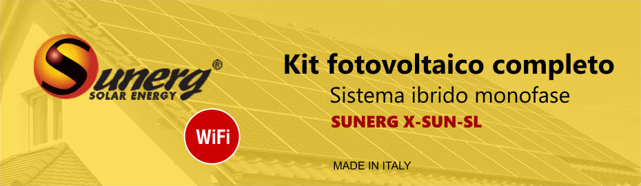 Offerta kit fotovoltaico completo Sunerg X-SUN-SL, sistema ibrido monofase con pannelli solari, inverter, batteria di accumulo, cavi, WiFi e monitoraggio