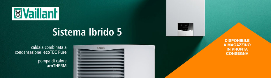 Offerta Sistema Ibrido 5 Vaillant a prezzo speciale, disponibili a magazzino in pronta consegna i kit composti da caldaia a condensazione ecoTEC Pure e pompa di calore aroTHERM, combinazione di alimentazione a gas ed energia elettrica ad alta efficienza e massimo risparmio economico